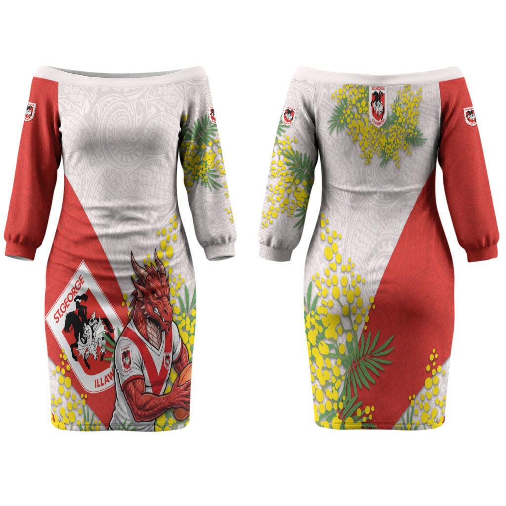 St George Illawarra Dragons Couples Matching Off The Shoulder Long Sleeve Dress and Long Sleeve Button Shirt Golden Wattle Floral Polynesian - Australian Flower - Rugby Mascot