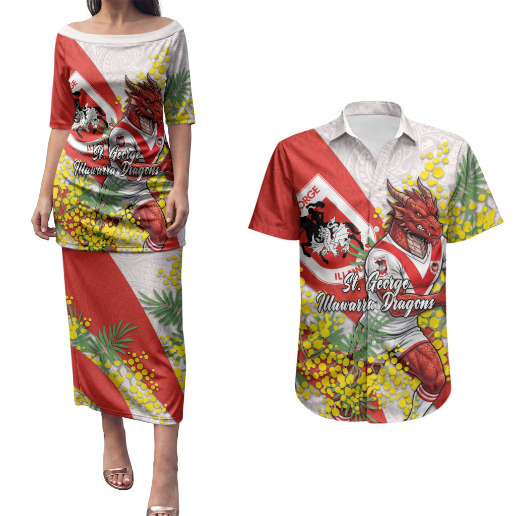 St George Illawarra Dragons Couples Matching Puletasi and Hawaiian Shirt Golden Wattle Floral Polynesian - Australian Flower - Rugby Mascot
