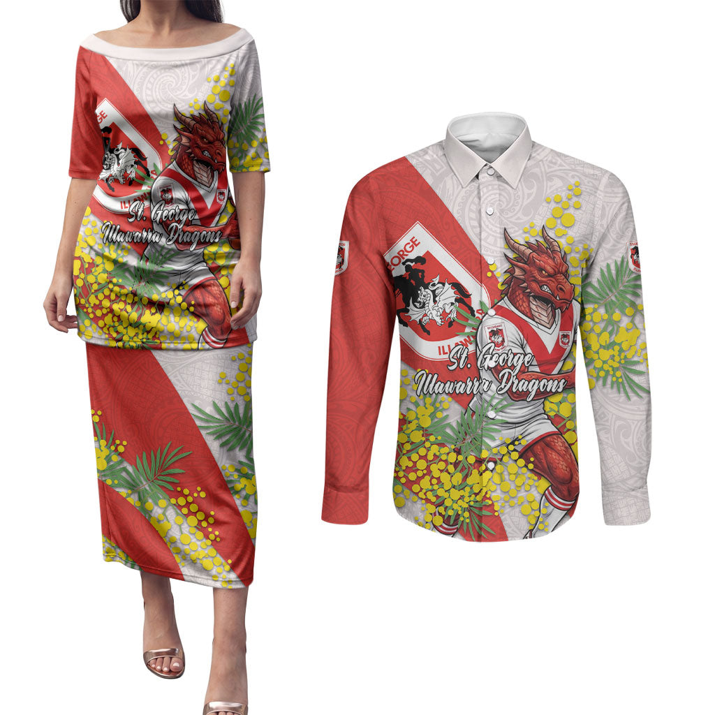 St George Illawarra Dragons Couples Matching Puletasi and Long Sleeve Button Shirt Golden Wattle Floral Polynesian - Australian Flower - Rugby Mascot