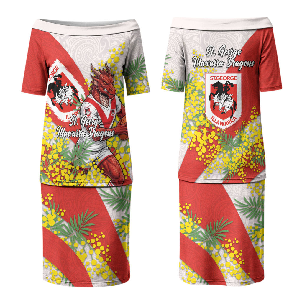 St George Illawarra Dragons Couples Matching Puletasi and Long Sleeve Button Shirt Golden Wattle Floral Polynesian - Australian Flower - Rugby Mascot