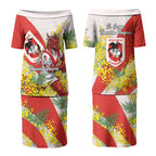 St George Illawarra Dragons Couples Matching Puletasi and Long Sleeve Button Shirt Golden Wattle Floral Polynesian - Australian Flower - Rugby Mascot