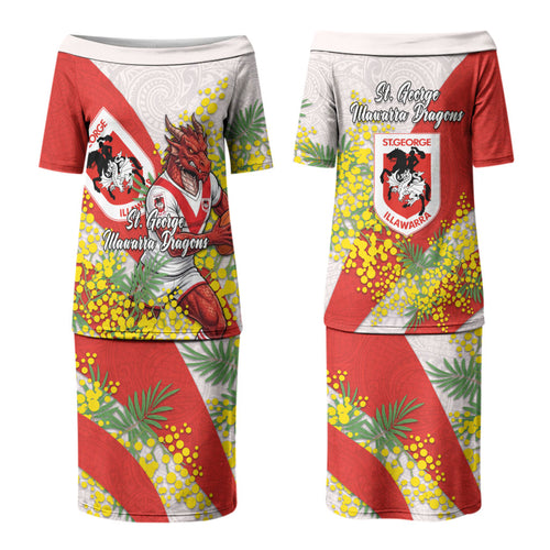 St George Illawarra Dragons Couples Matching Puletasi and Long Sleeve Button Shirt Golden Wattle Floral Polynesian - Australian Flower - Rugby Mascot