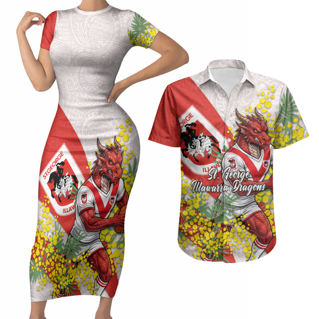 St George Illawarra Dragons Couples Matching Short Sleeve Bodycon Dress and Hawaiian Shirt Golden Wattle Floral Polynesian - Australian Flower - Rugby Mascot