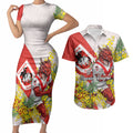 St George Illawarra Dragons Couples Matching Short Sleeve Bodycon Dress and Hawaiian Shirt Golden Wattle Floral Polynesian - Australian Flower - Rugby Mascot