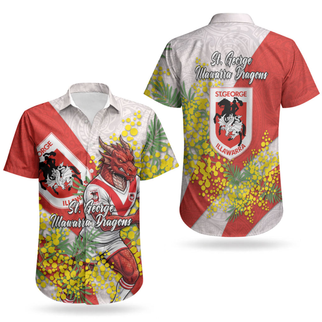 St George Illawarra Dragons Couples Matching Short Sleeve Bodycon Dress and Hawaiian Shirt Golden Wattle Floral Polynesian - Australian Flower - Rugby Mascot