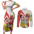 St George Illawarra Dragons Couples Matching Short Sleeve Bodycon Dress and Long Sleeve Button Shirt Golden Wattle Floral Polynesian - Australian Flower - Rugby Mascot