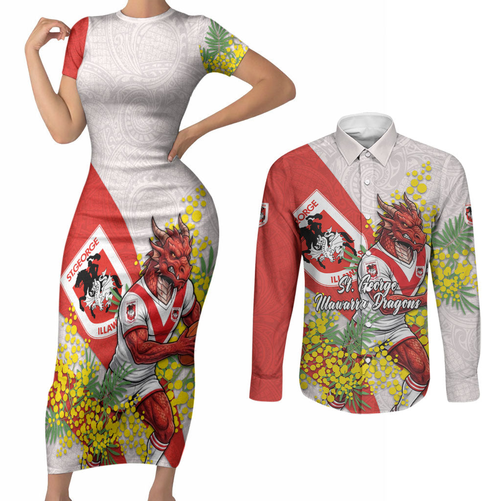 St George Illawarra Dragons Couples Matching Short Sleeve Bodycon Dress and Long Sleeve Button Shirt Golden Wattle Floral Polynesian - Australian Flower - Rugby Mascot