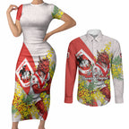 St George Illawarra Dragons Couples Matching Short Sleeve Bodycon Dress and Long Sleeve Button Shirt Golden Wattle Floral Polynesian - Australian Flower - Rugby Mascot