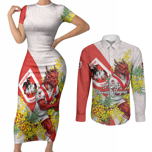 St George Illawarra Dragons Couples Matching Short Sleeve Bodycon Dress and Long Sleeve Button Shirt Golden Wattle Floral Polynesian - Australian Flower - Rugby Mascot