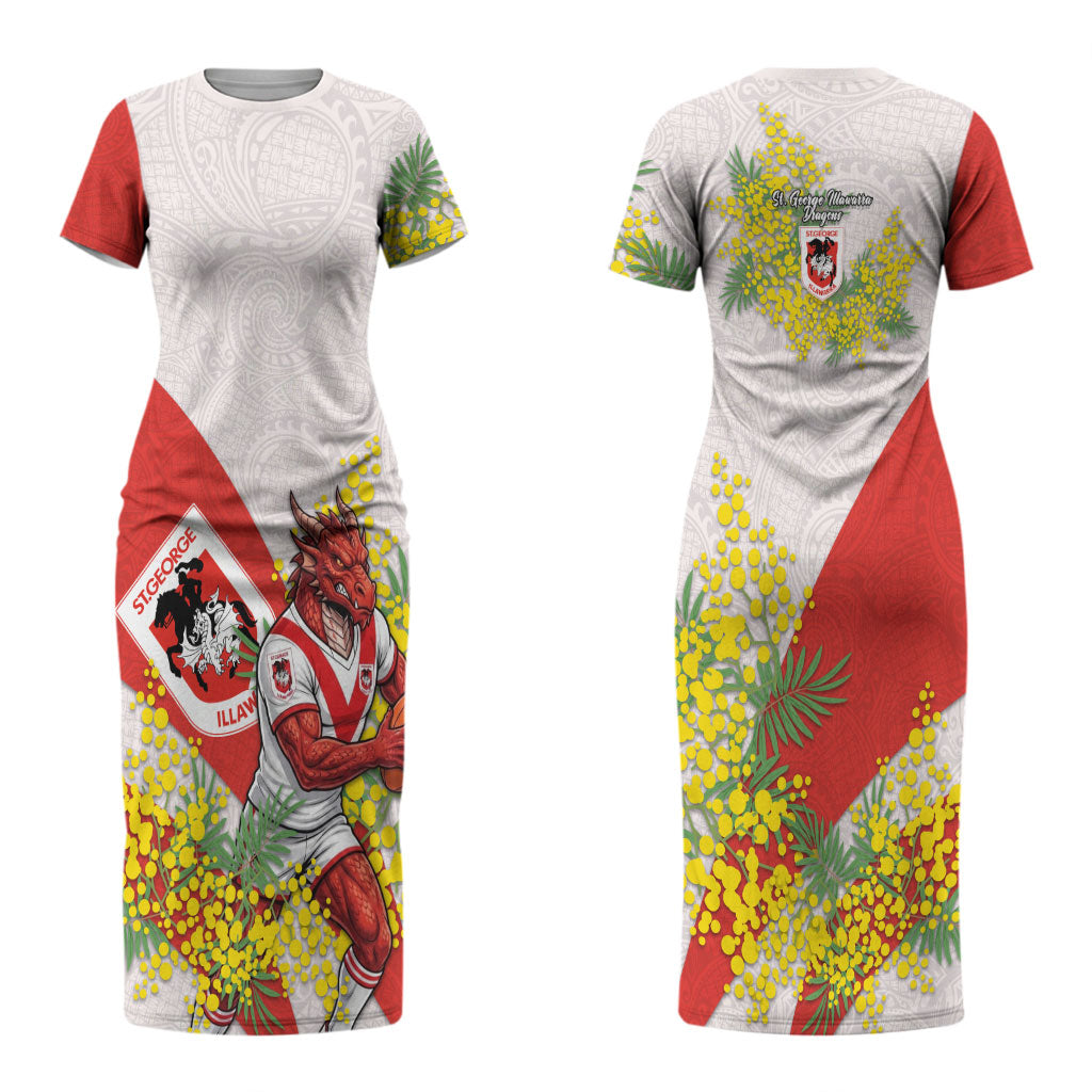 St George Illawarra Dragons Couples Matching Short Sleeve Bodycon Dress and Long Sleeve Button Shirt Golden Wattle Floral Polynesian - Australian Flower - Rugby Mascot