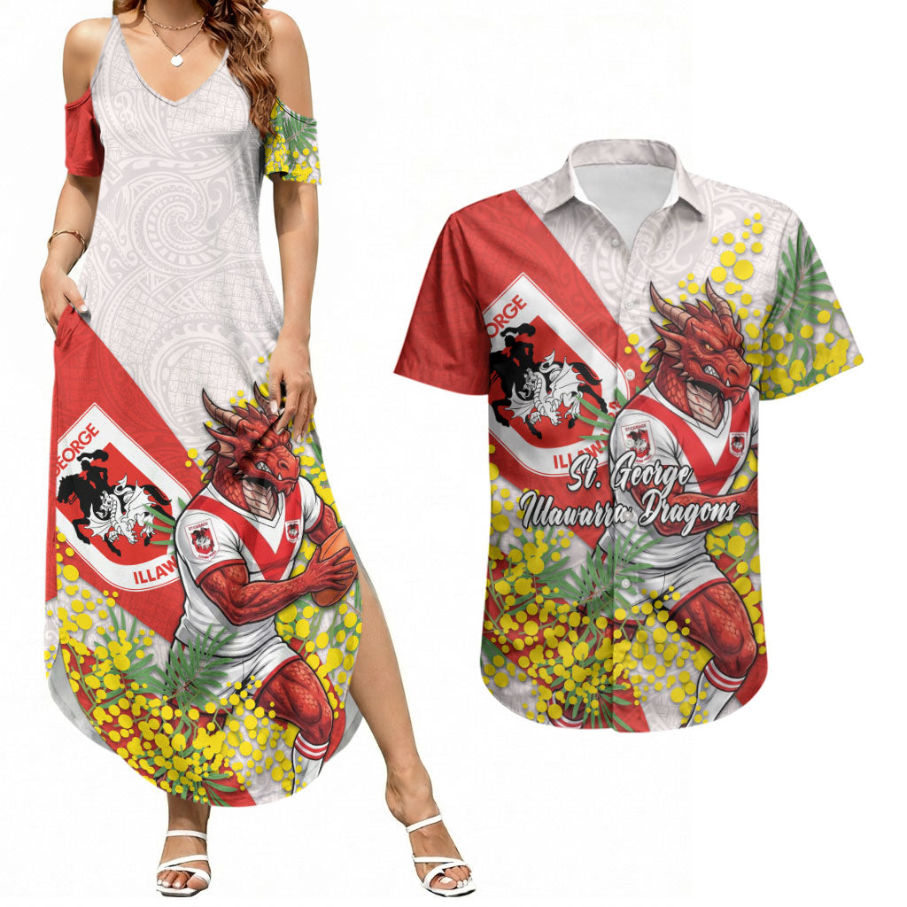 St George Illawarra Dragons Couples Matching Summer Maxi Dress and Hawaiian Shirt Golden Wattle Floral Polynesian - Australian Flower - Rugby Mascot