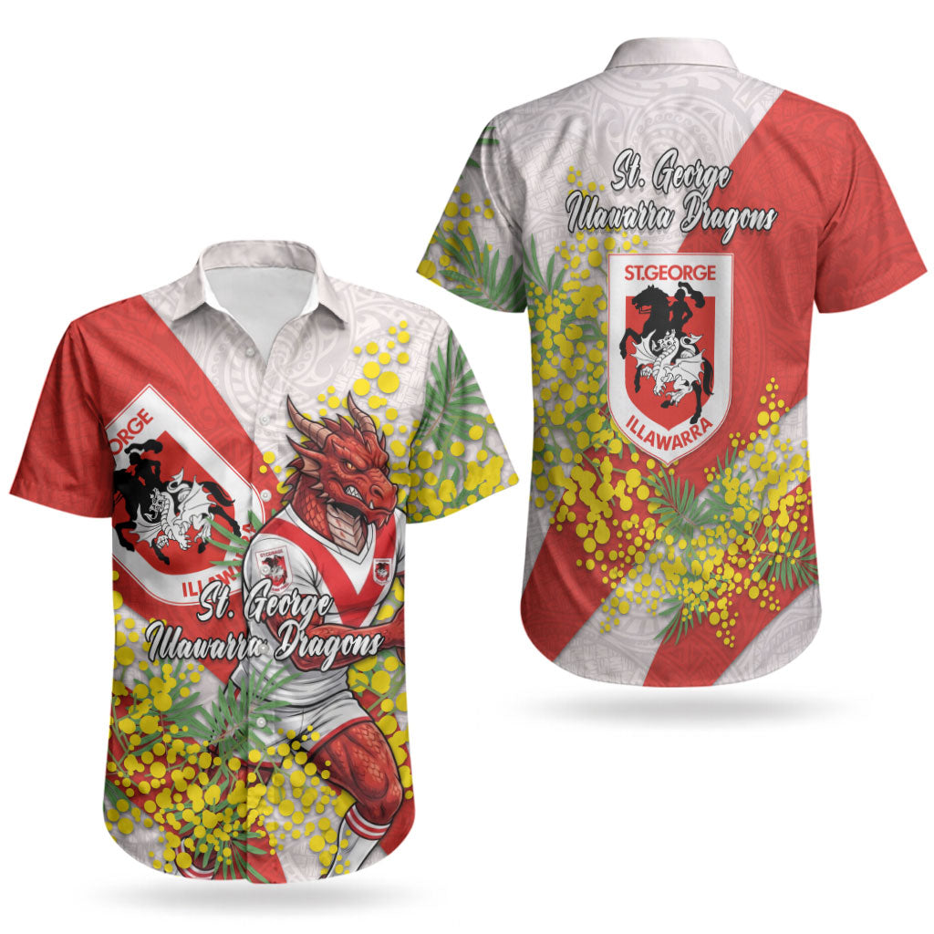 St George Illawarra Dragons Couples Matching Summer Maxi Dress and Hawaiian Shirt Golden Wattle Floral Polynesian - Australian Flower - Rugby Mascot