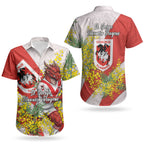 St George Illawarra Dragons Couples Matching Summer Maxi Dress and Hawaiian Shirt Golden Wattle Floral Polynesian - Australian Flower - Rugby Mascot