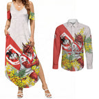 St George Illawarra Dragons Couples Matching Summer Maxi Dress and Long Sleeve Button Shirt Golden Wattle Floral Polynesian - Australian Flower - Rugby Mascot