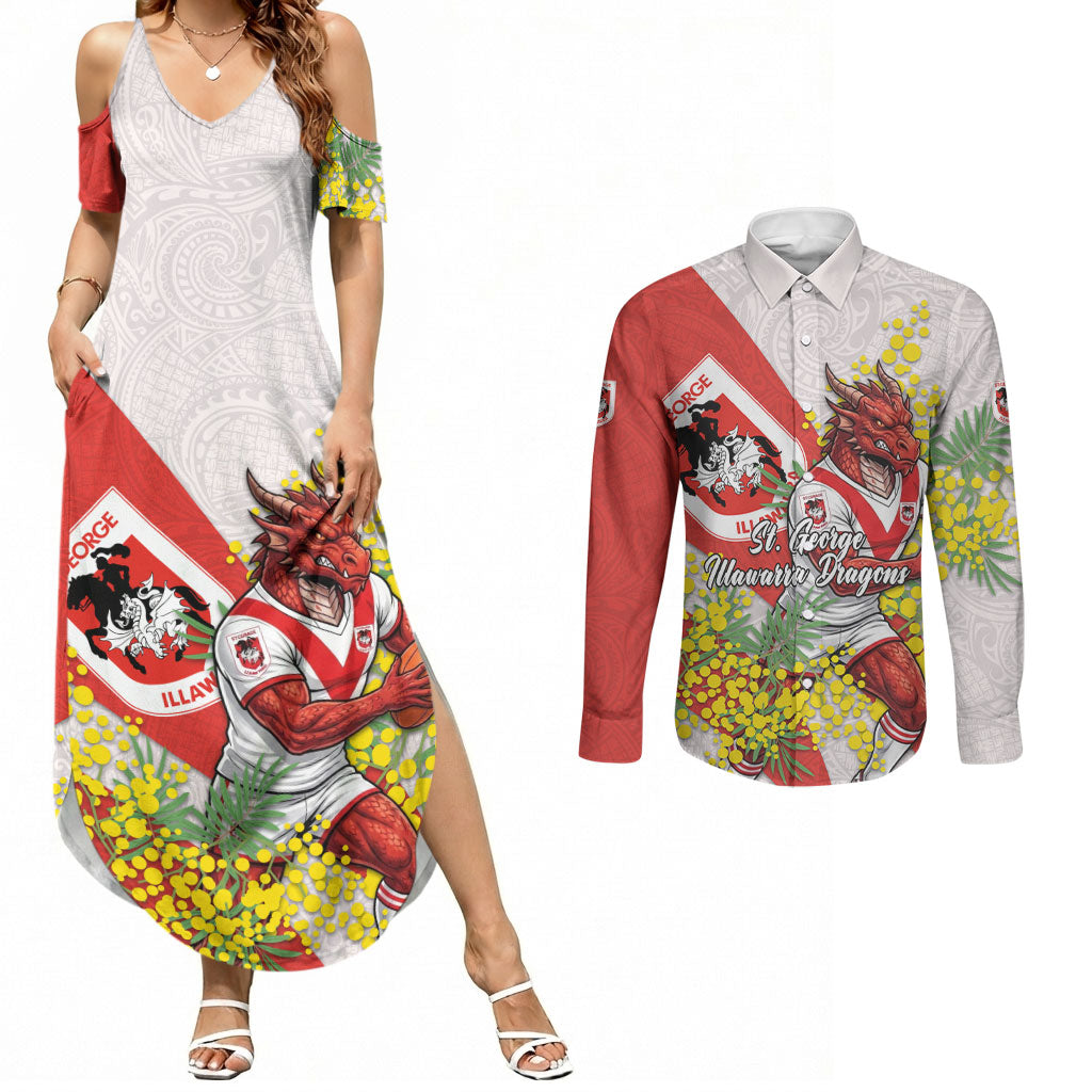 St George Illawarra Dragons Couples Matching Summer Maxi Dress and Long Sleeve Button Shirt Golden Wattle Floral Polynesian - Australian Flower - Rugby Mascot