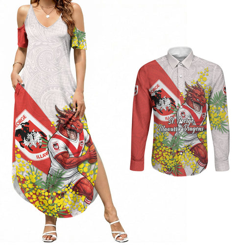 St George Illawarra Dragons Couples Matching Summer Maxi Dress and Long Sleeve Button Shirt Golden Wattle Floral Polynesian - Australian Flower - Rugby Mascot