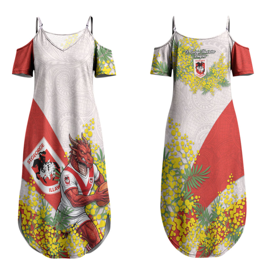 St George Illawarra Dragons Couples Matching Summer Maxi Dress and Long Sleeve Button Shirt Golden Wattle Floral Polynesian - Australian Flower - Rugby Mascot