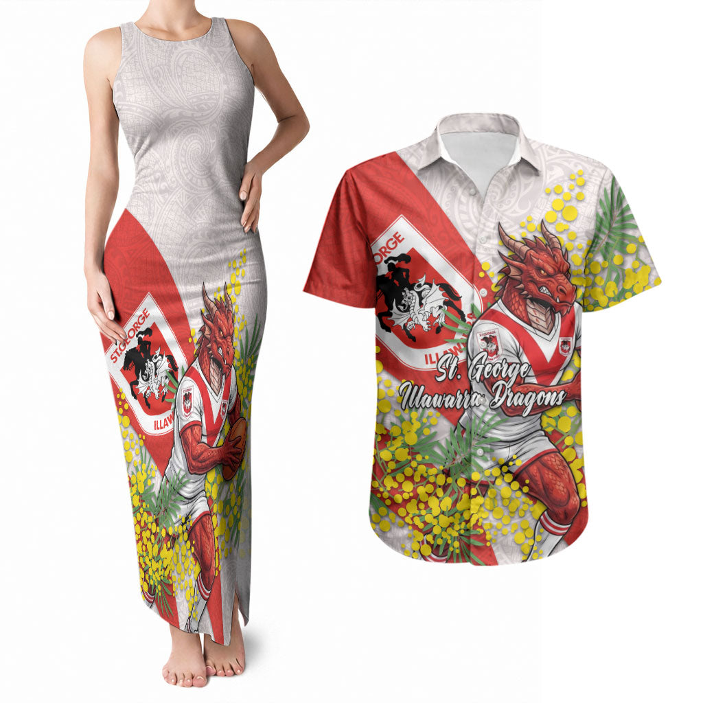 St George Illawarra Dragons Couples Matching Tank Maxi Dress and Hawaiian Shirt Golden Wattle Floral Polynesian - Australian Flower - Rugby Mascot
