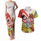 St George Illawarra Dragons Couples Matching Tank Maxi Dress and Hawaiian Shirt Golden Wattle Floral Polynesian - Australian Flower - Rugby Mascot