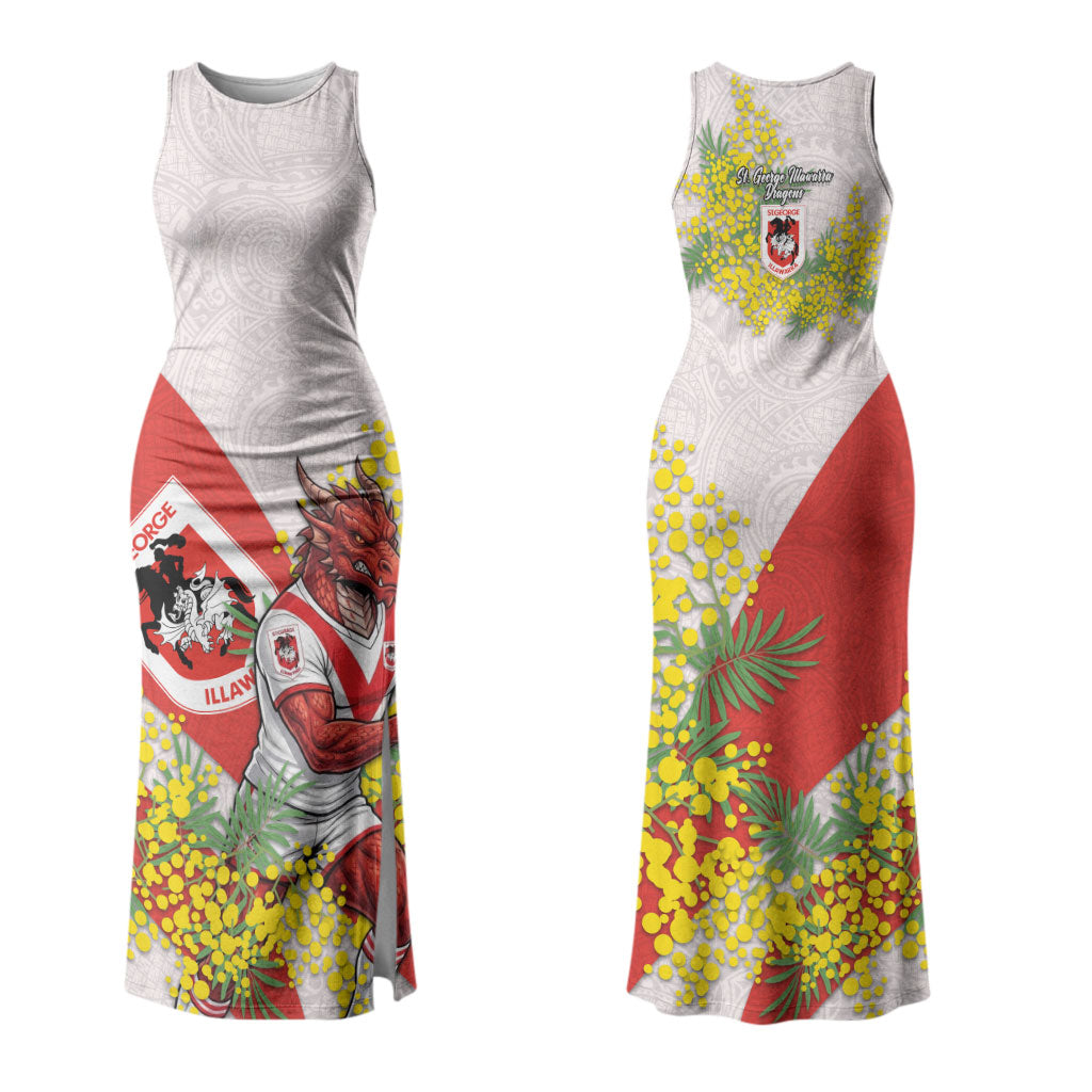 St George Illawarra Dragons Couples Matching Tank Maxi Dress and Hawaiian Shirt Golden Wattle Floral Polynesian - Australian Flower - Rugby Mascot
