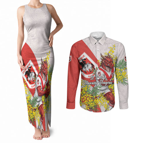 St George Illawarra Dragons Couples Matching Tank Maxi Dress and Long Sleeve Button Shirt Golden Wattle Floral Polynesian - Australian Flower - Rugby Mascot
