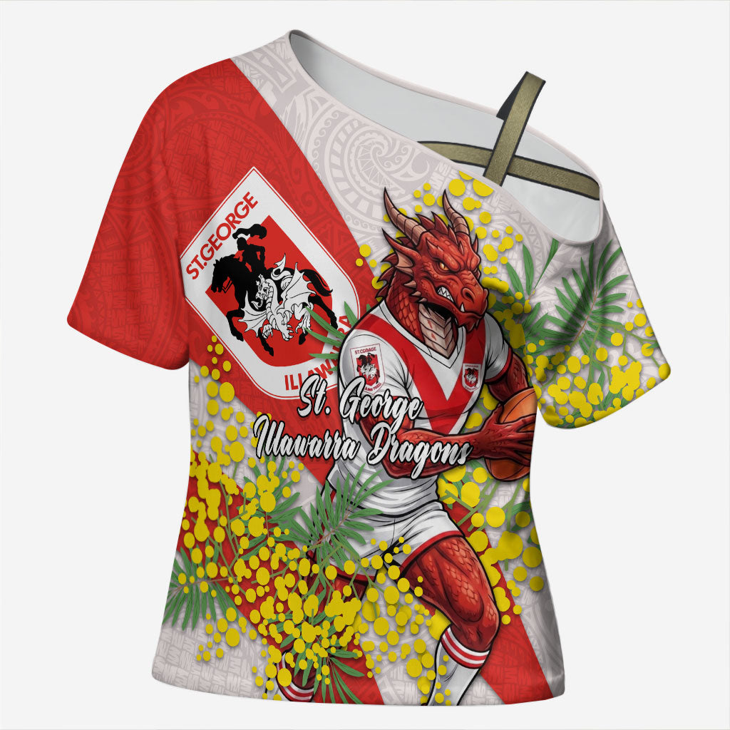 St George Illawarra Dragons Cross Shoulder Shirt Golden Wattle Floral Polynesian - Australian Flower - Rugby Mascot