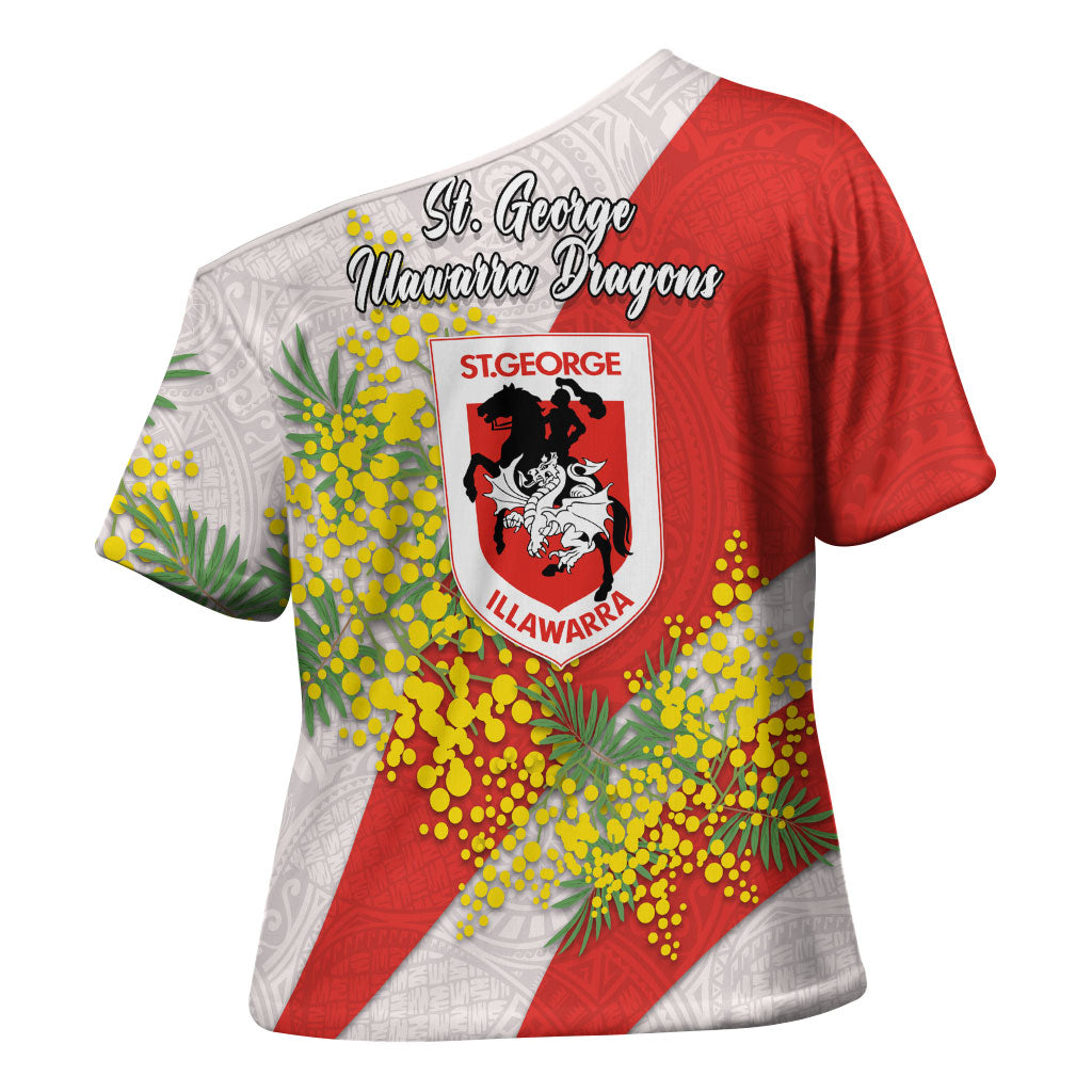 St George Illawarra Dragons Cross Shoulder Shirt Golden Wattle Floral Polynesian - Australian Flower - Rugby Mascot