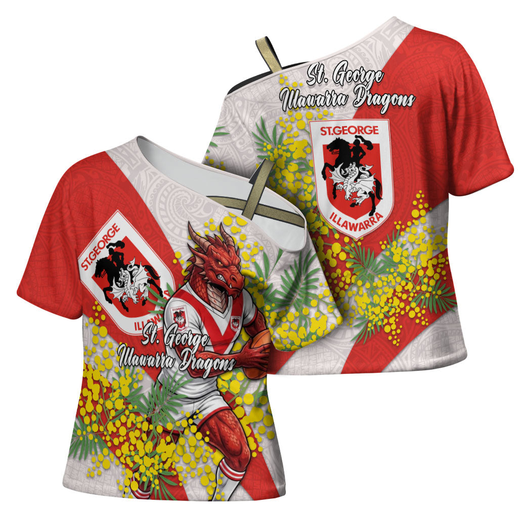 St George Illawarra Dragons Cross Shoulder Shirt Golden Wattle Floral Polynesian - Australian Flower - Rugby Mascot