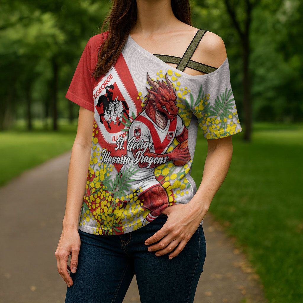 St George Illawarra Dragons Cross Shoulder Shirt Golden Wattle Floral Polynesian - Australian Flower - Rugby Mascot