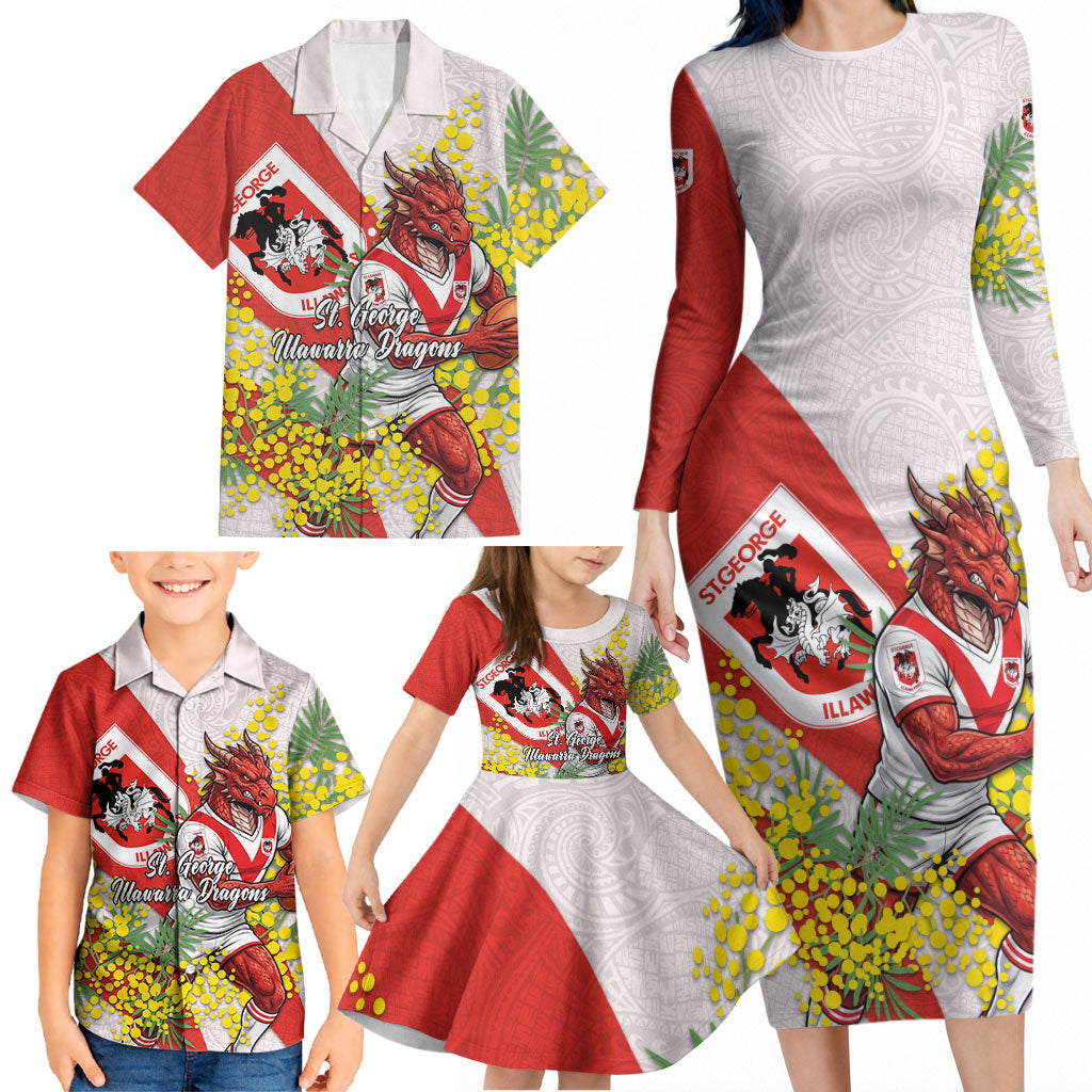 St George Illawarra Dragons Family Matching Long Sleeve Bodycon Dress and Hawaiian Shirt Golden Wattle Floral Polynesian - Australian Flower - Rugby Mascot
