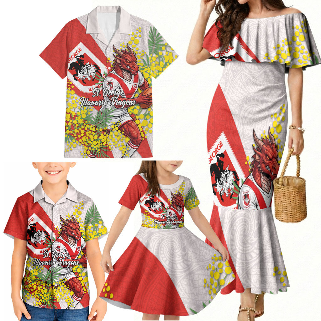 St George Illawarra Dragons Family Matching Mermaid Dress and Hawaiian Shirt Golden Wattle Floral Polynesian - Australian Flower - Rugby Mascot