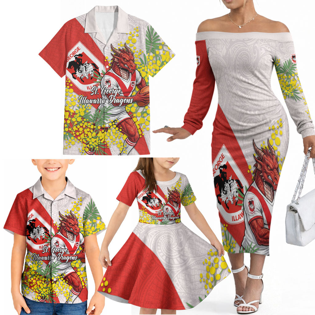 St George Illawarra Dragons Family Matching Off The Shoulder Long Sleeve Dress and Hawaiian Shirt Golden Wattle Floral Polynesian - Australian Flower - Rugby Mascot