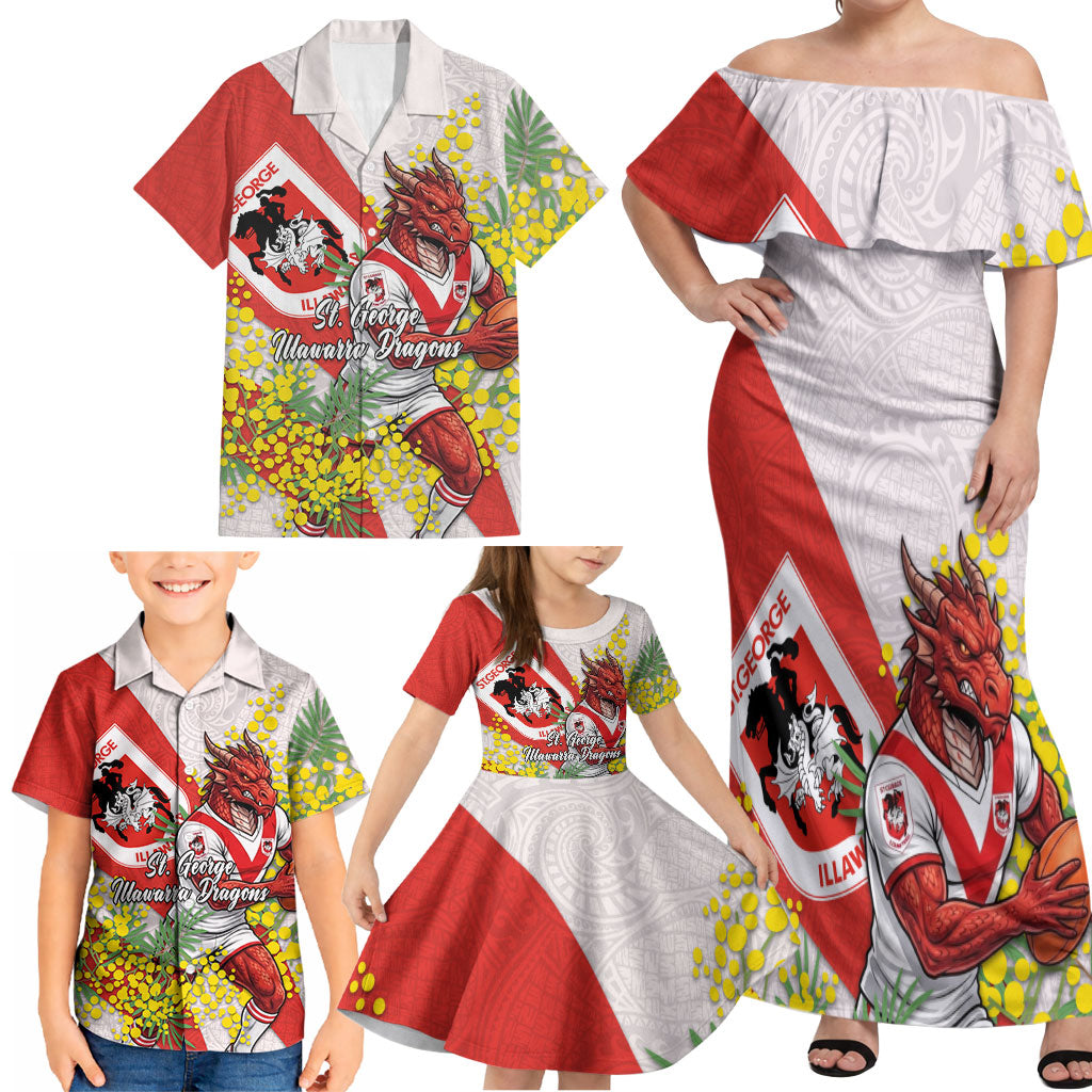 St George Illawarra Dragons Family Matching Off Shoulder Maxi Dress and Hawaiian Shirt Golden Wattle Floral Polynesian - Australian Flower - Rugby Mascot