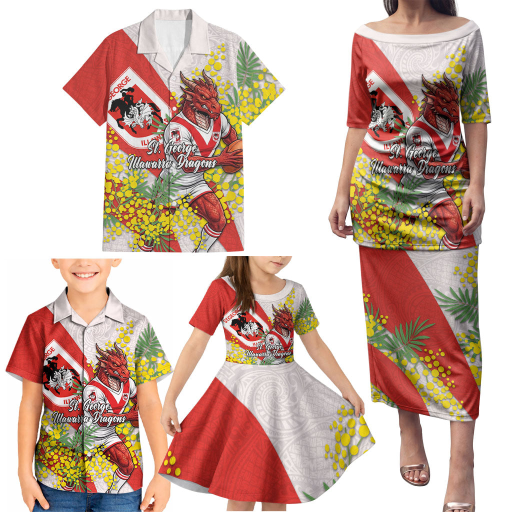 St George Illawarra Dragons Family Matching Puletasi and Hawaiian Shirt Golden Wattle Floral Polynesian - Australian Flower - Rugby Mascot