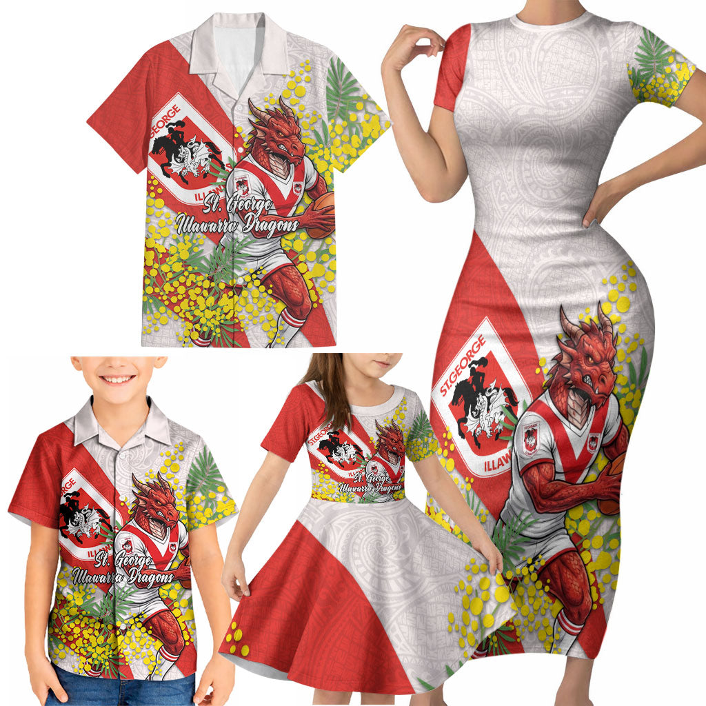 St George Illawarra Dragons Family Matching Short Sleeve Bodycon Dress and Hawaiian Shirt Golden Wattle Floral Polynesian - Australian Flower - Rugby Mascot