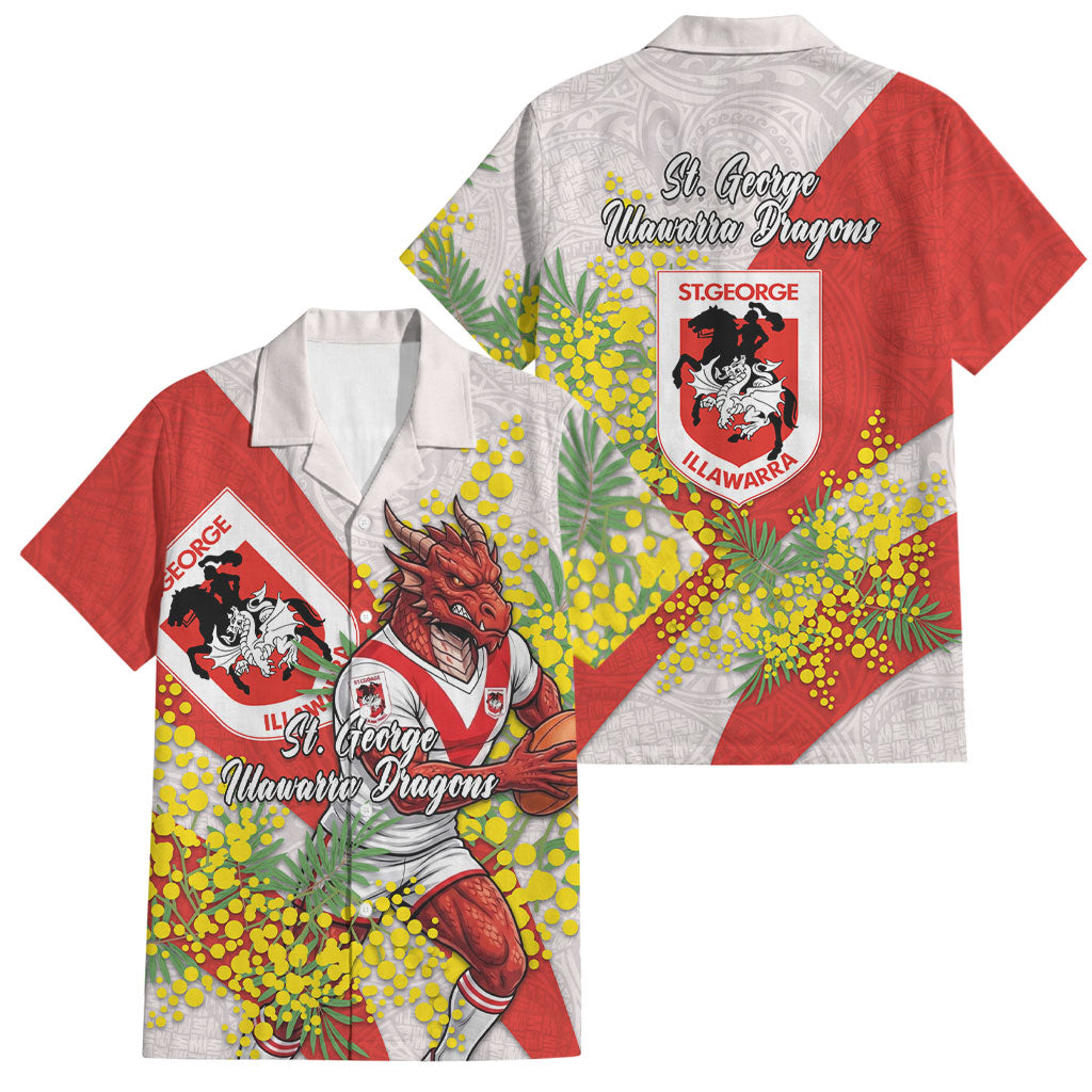 St George Illawarra Dragons Family Matching Short Sleeve Bodycon Dress and Hawaiian Shirt Golden Wattle Floral Polynesian - Australian Flower - Rugby Mascot