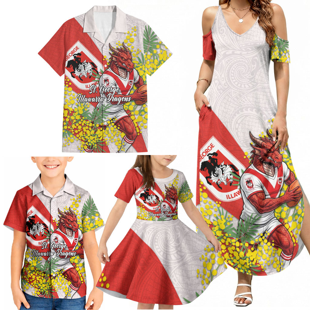 St George Illawarra Dragons Family Matching Summer Maxi Dress and Hawaiian Shirt Golden Wattle Floral Polynesian - Australian Flower - Rugby Mascot