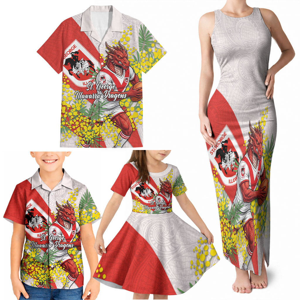 St George Illawarra Dragons Family Matching Tank Maxi Dress and Hawaiian Shirt Golden Wattle Floral Polynesian - Australian Flower - Rugby Mascot