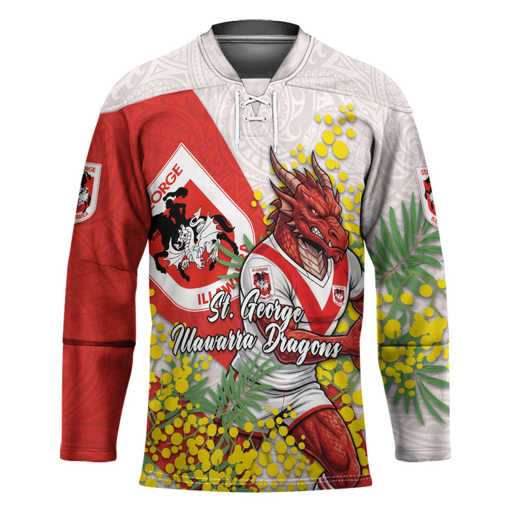 St George Illawarra Dragons Hockey Jersey Golden Wattle Floral Polynesian - Australian Flower - Rugby Mascot