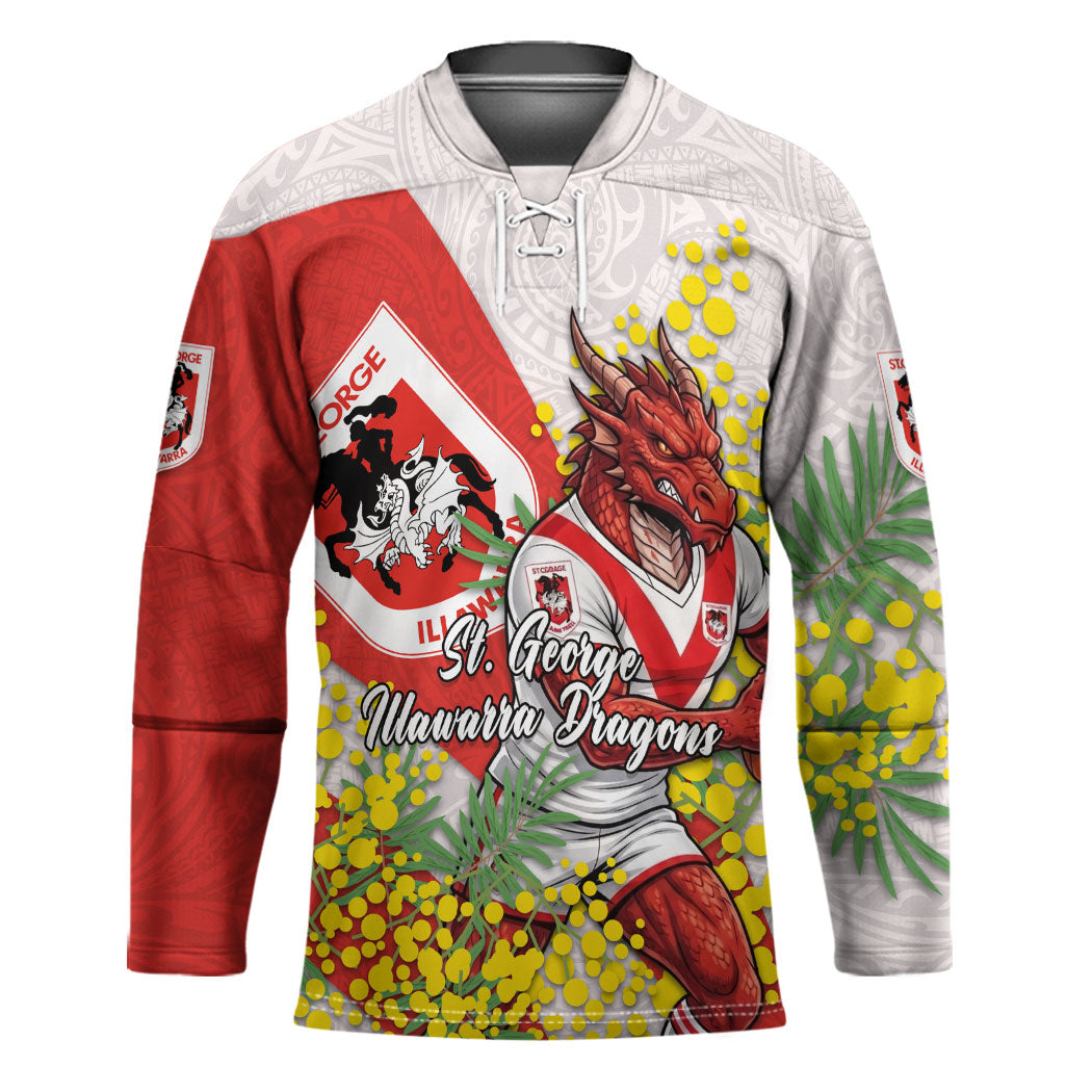 St George Illawarra Dragons Hockey Jersey Golden Wattle Floral Polynesian - Australian Flower - Rugby Mascot