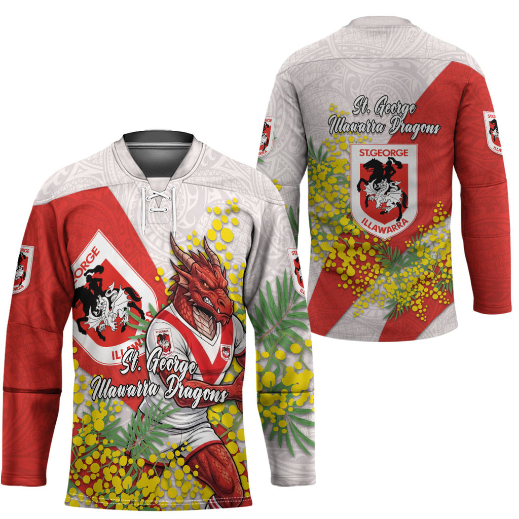 St George Illawarra Dragons Hockey Jersey Golden Wattle Floral Polynesian - Australian Flower - Rugby Mascot
