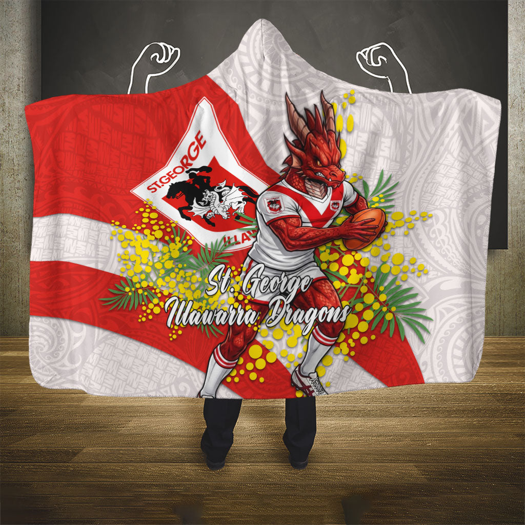 St George Illawarra Dragons Hooded Blanket Golden Wattle Floral Polynesian - Australian Flower - Rugby Mascot