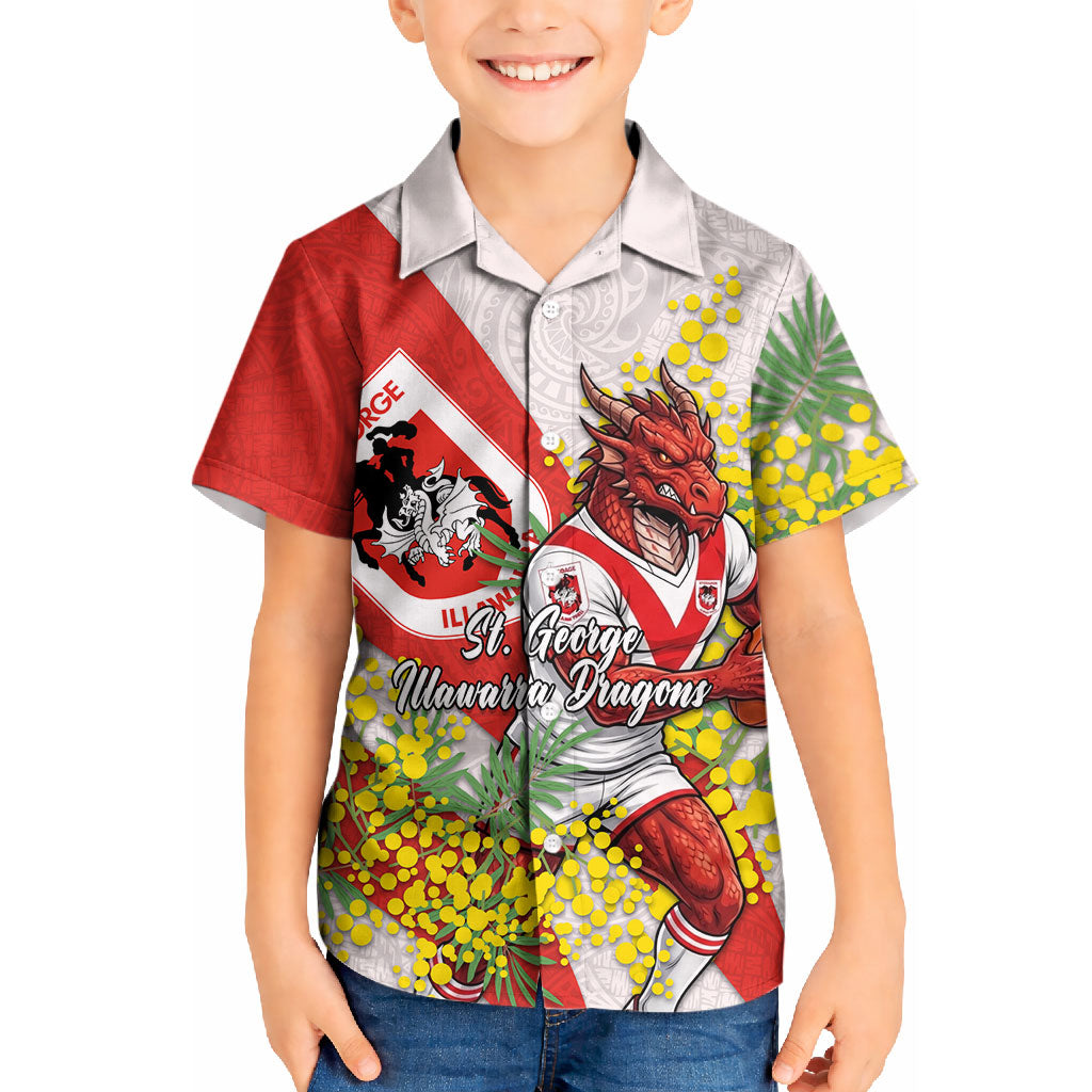 St George Illawarra Dragons Kid Hawaiian Shirt Golden Wattle Floral Polynesian - Australian Flower - Rugby Mascot