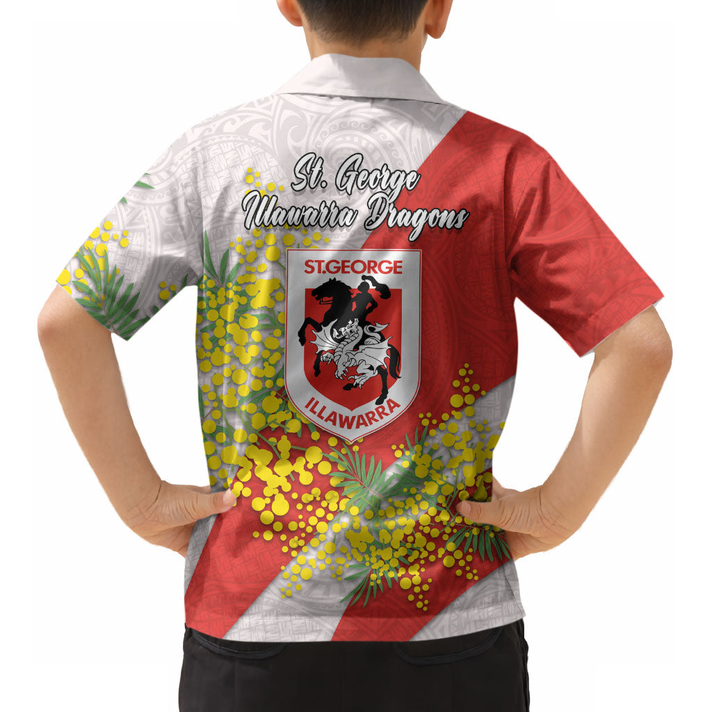 St George Illawarra Dragons Kid Hawaiian Shirt Golden Wattle Floral Polynesian - Australian Flower - Rugby Mascot