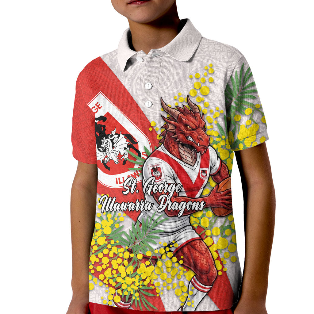 St George Illawarra Dragons Kid Polo Shirt Golden Wattle Floral Polynesian - Australian Flower - Rugby Mascot