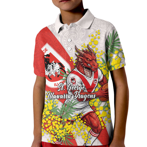 St George Illawarra Dragons Kid Polo Shirt Golden Wattle Floral Polynesian - Australian Flower - Rugby Mascot