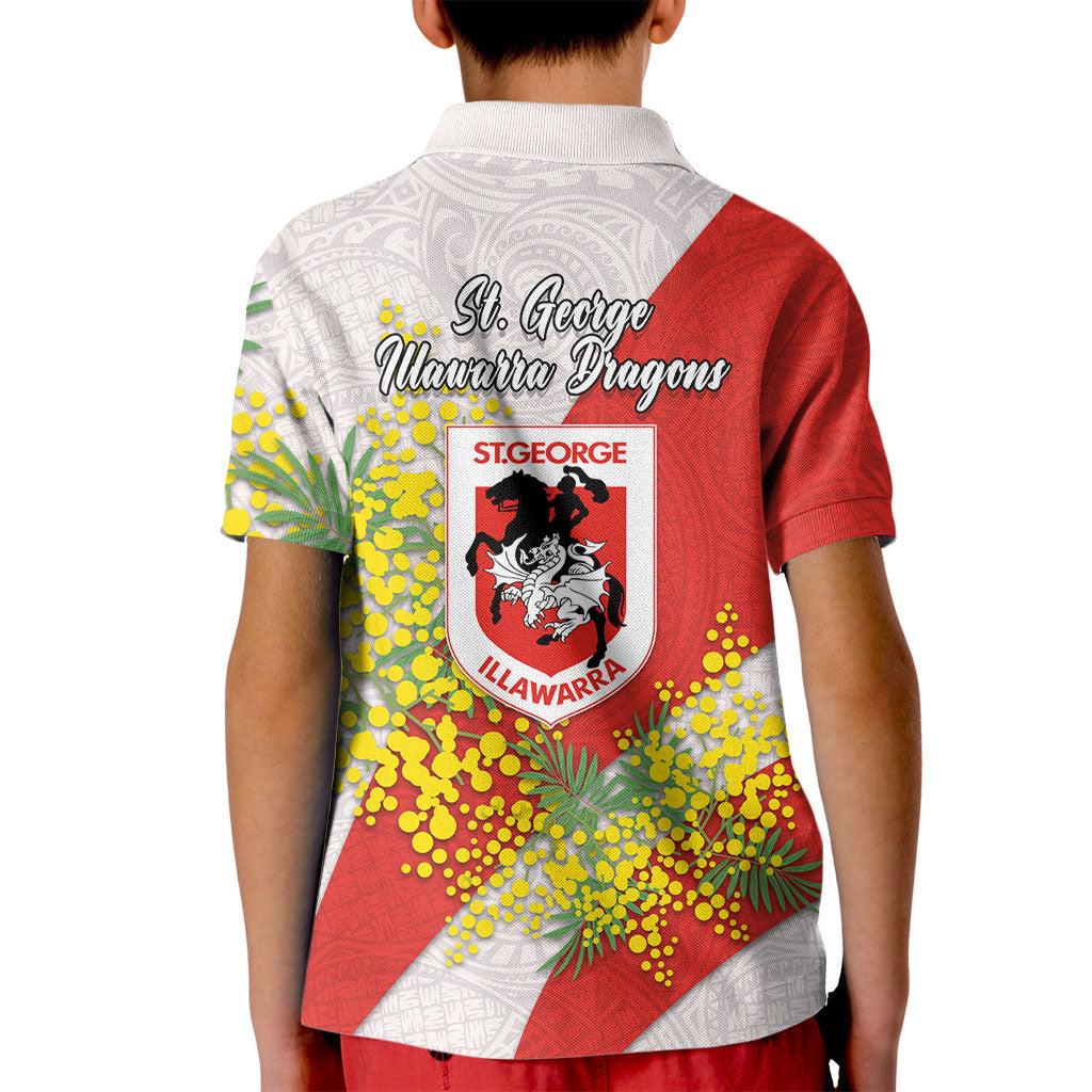 St George Illawarra Dragons Kid Polo Shirt Golden Wattle Floral Polynesian - Australian Flower - Rugby Mascot