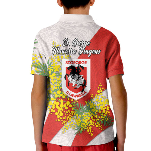 St George Illawarra Dragons Kid Polo Shirt Golden Wattle Floral Polynesian - Australian Flower - Rugby Mascot