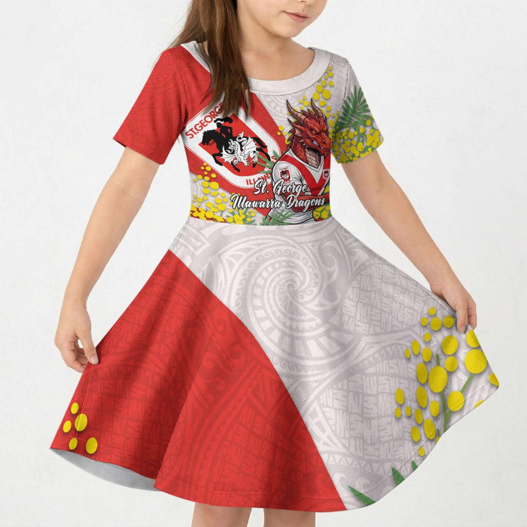 St George Illawarra Dragons Kid Short Sleeve Dress Golden Wattle Floral Polynesian - Australian Flower - Rugby Mascot