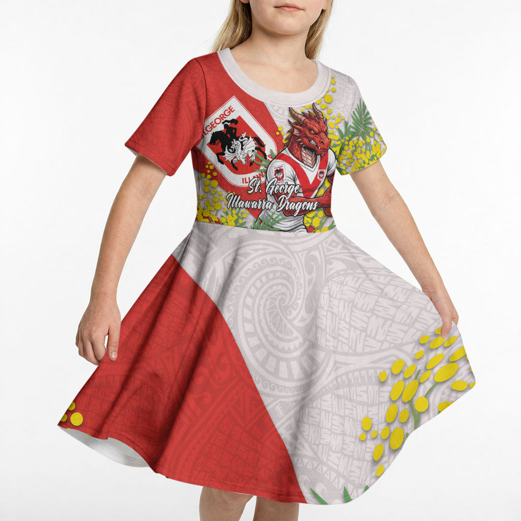 St George Illawarra Dragons Kid Short Sleeve Dress Golden Wattle Floral Polynesian - Australian Flower - Rugby Mascot